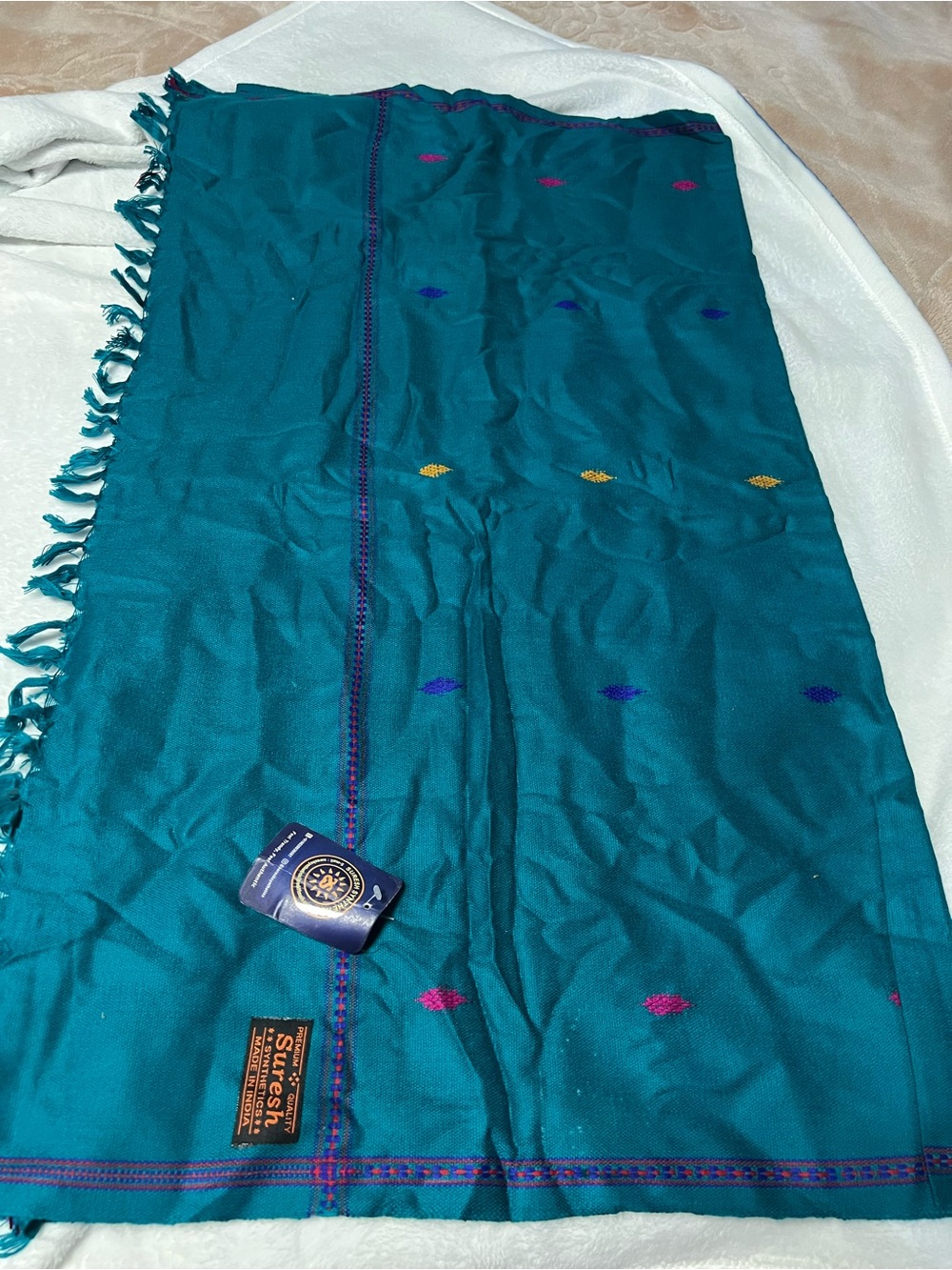 Embroidered Teal Shawl Scarf with Tassels